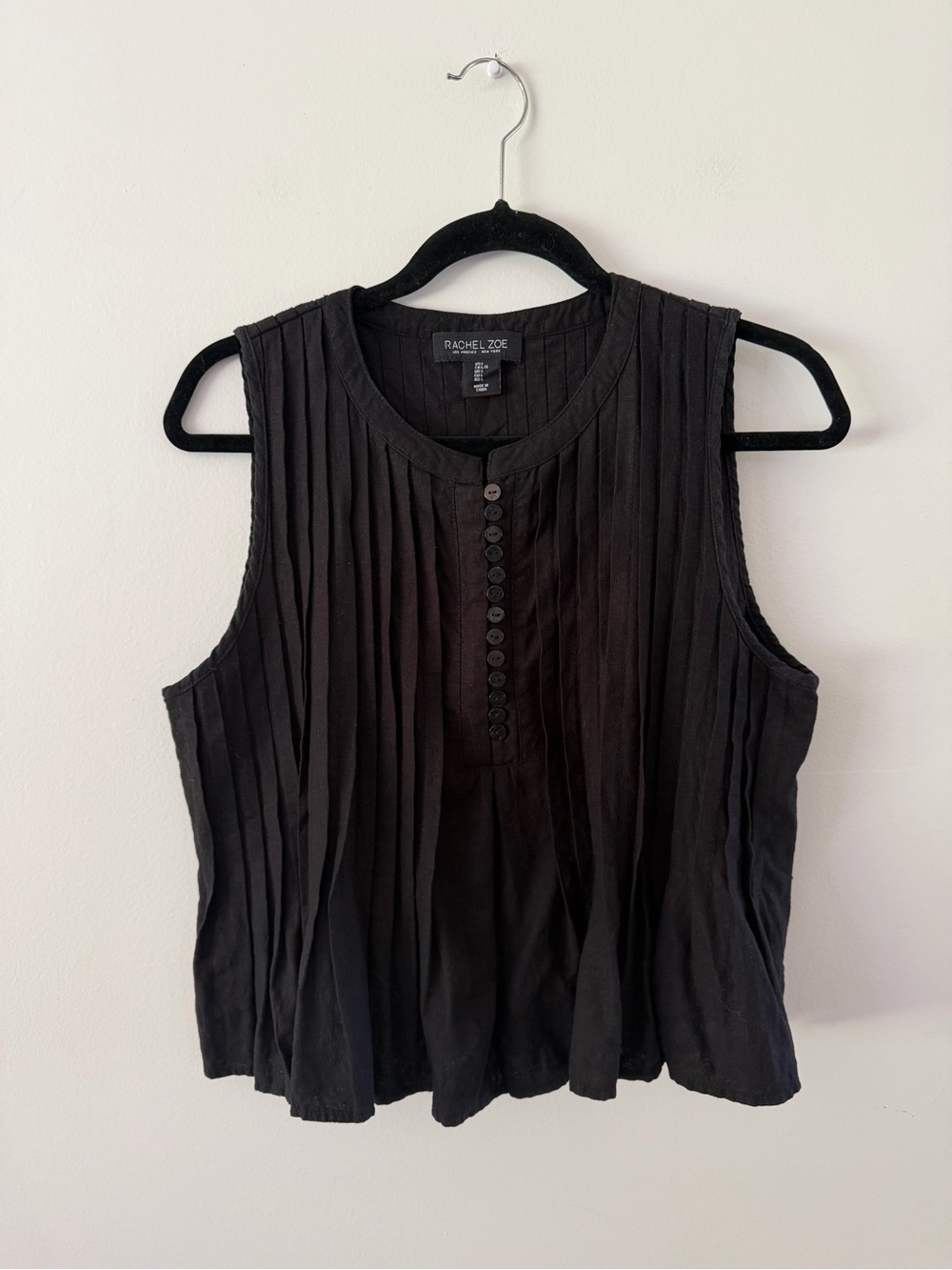 Rachel Zoe Black Neutral Linen Blend Pleated Flowy Quiet Luxury Blouse Womens L